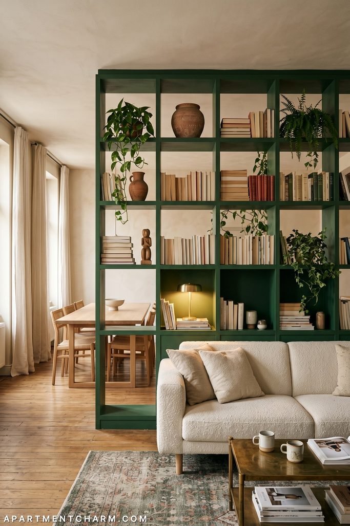 Floor-to-ceiling forest-green cubby shelving separates living and dining spaces; books, terracotta vessels, pale ceramics, plants, and a small shelf lamp fill most cells while several remain open.