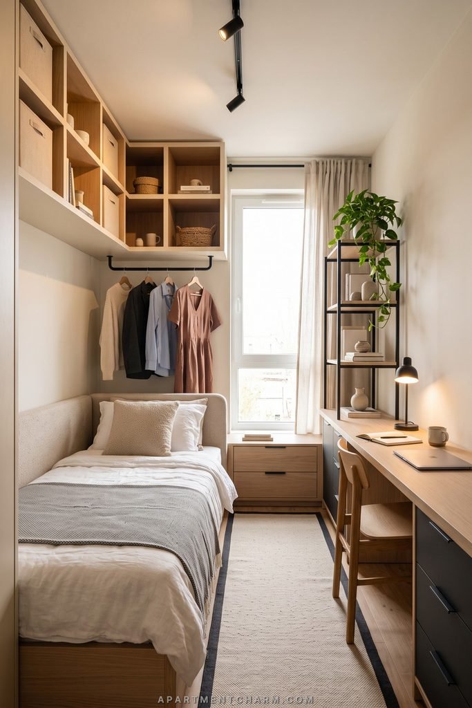 25 Beautiful Storage Ideas for Small Spaces That Use Every Inch 9 Narrow bedroom pairs overhead cubbies and a hanging rail with a long desk, drawers, and open shelving.