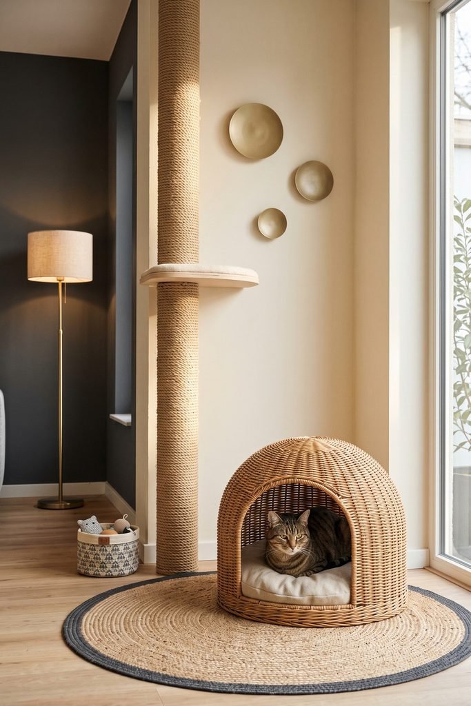 Tall rope-wrapped scratching column beside a woven dome bed with a tabby, round tan rug, gold wall discs, charcoal accent wall, lamp, and toy basket.