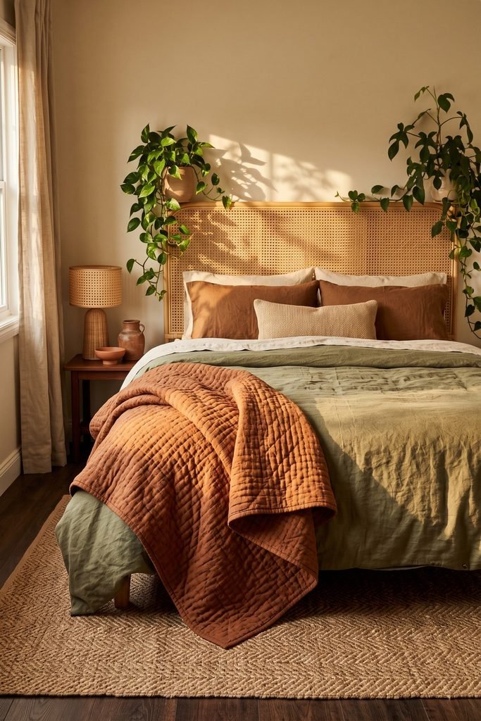Olive-green bedding and a rust quilt beneath a woven headboard framed by trailing plants, with a woven lamp and natural-fiber rug.
