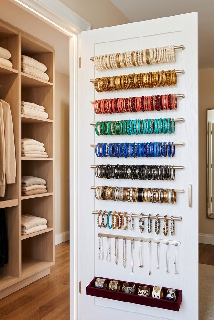 Inside of a white closet door fitted with rows of color-sorted bangles, bracelets, necklaces, and a burgundy cuff tray.