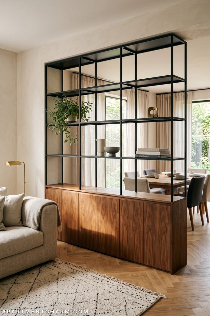Tall matte-black open shelving rises above closed walnut cabinets between a neutral sofa and dining table; only a plant, small ceramics, books, and one brass object occupy the shelves.