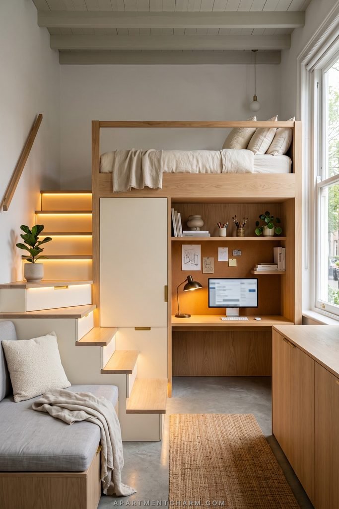 25 Beautiful Storage Ideas for Small Spaces That Use Every Inch 10 Raised wood bed spans a workstation and cabinet, with illuminated storage steps climbing along one side.
