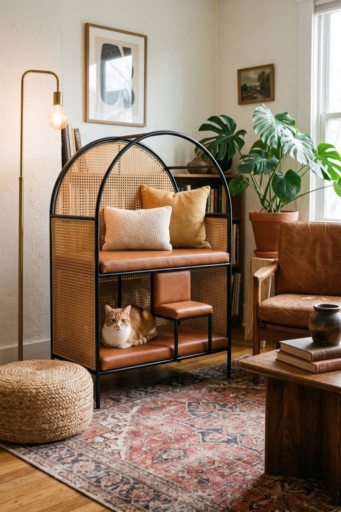 Open black-and-cane cat lounge with cognac cushions and a resting cat beside a cognac chair, woven pouf, patterned rug, plants, and brass lamp.