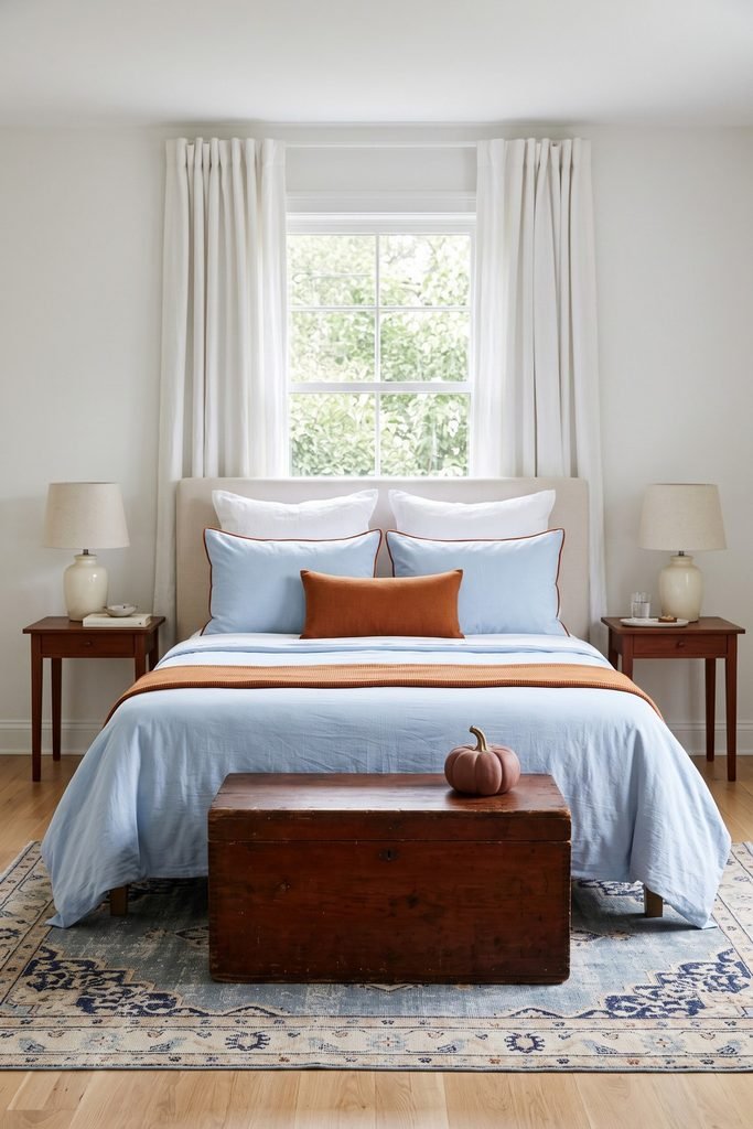 Pale-blue bed with orange-trimmed pillows and a rust lumbar, flanked by matching lamps, with a pumpkin-topped wooden trunk on a blue rug.
