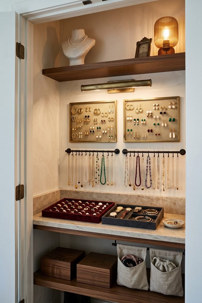 Lit closet nook with framed earring grids, necklace rails, ring and watch trays, wooden boxes, fabric pockets, and a necklace bust.
