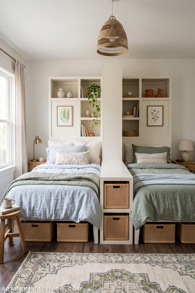 Two adjacent beds in pale blue and sage are separated by a narrow white full-height divider with two cane-front baskets; additional open storage niches are built into the wall behind each bed.