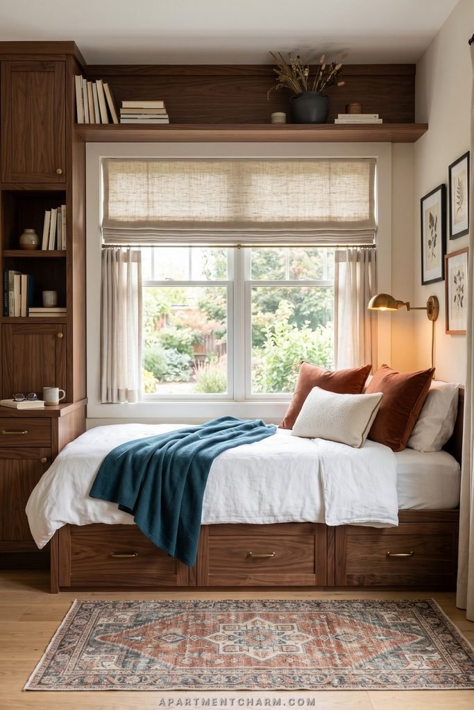 25 Beautiful Storage Ideas for Small Spaces That Use Every Inch 11 Window daybed with wood drawers sits beneath an overhead shelf, beside a tall cabinet and built-in bookcase.