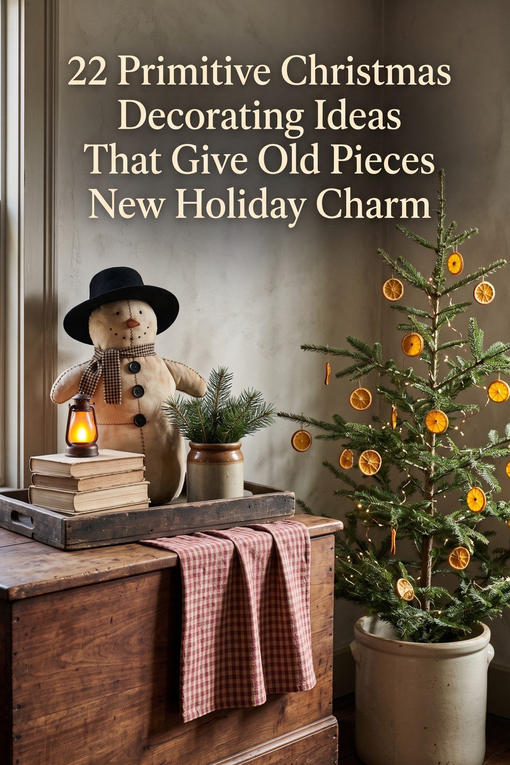 Christmas tree with dried oranges beside a snowman display. Text: “22 Primitive Christmas Decorating Ideas That Give Old Pieces New Holiday Charm.”