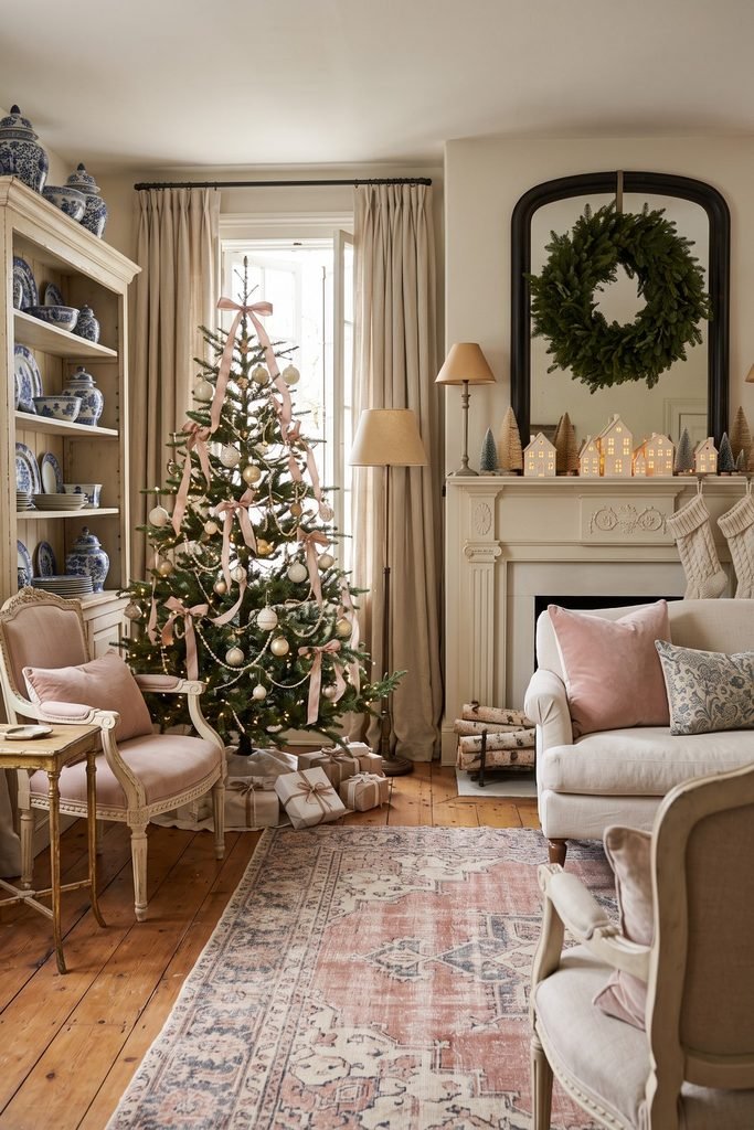 Blush-ribboned Christmas tree beside blue-and-white china, cream seating, and a mantel with lit village houses, knit stockings, and an evergreen wreath.