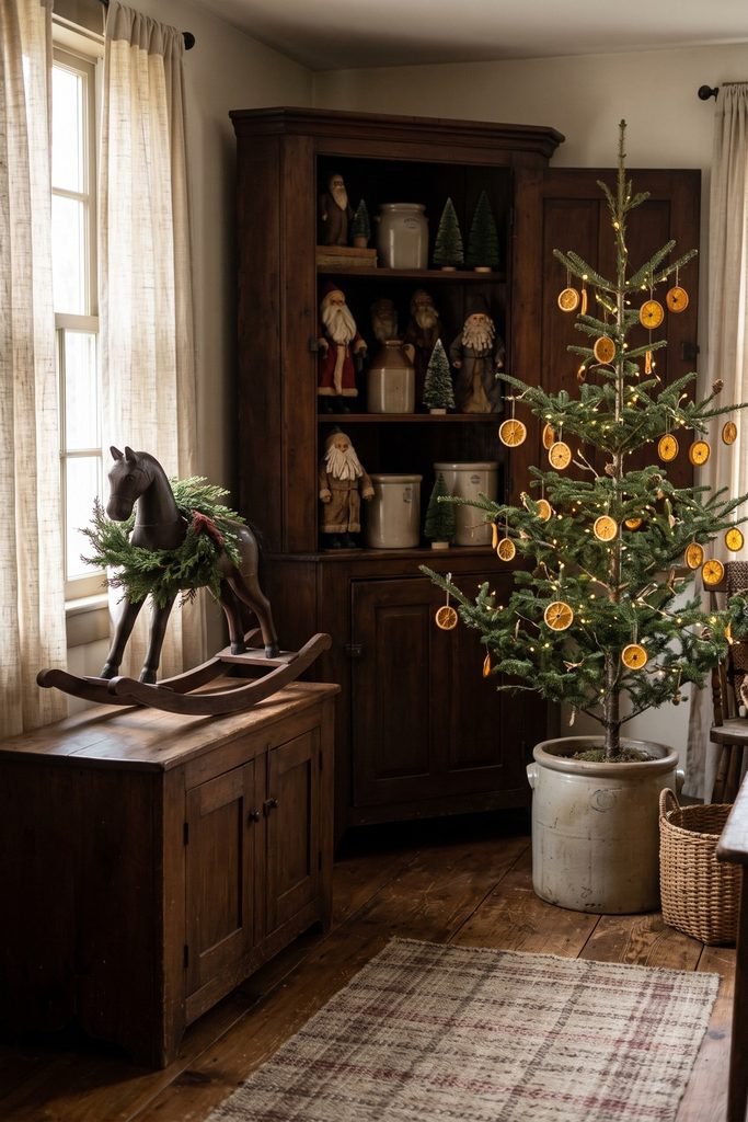 Christmas room with an orange-decorated tree, wooden rocking horse, and open cupboard filled with Santa figures and small trees.