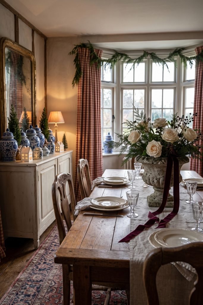 Wooden dining table with ivory roses and burgundy ribbon, beside blue-and-white jars, lit cottages, and windows framed by checked curtains and greenery.