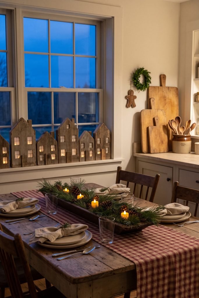 Christmas dining table with greenery and candles, wooden house silhouettes on the windowsill, and cutting boards beneath a small wreath.