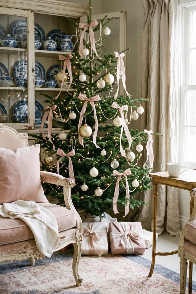 Christmas tree with blush bows, ivory ornaments, and bead garlands beside a pale carved chair and a cabinet of blue-and-white china.