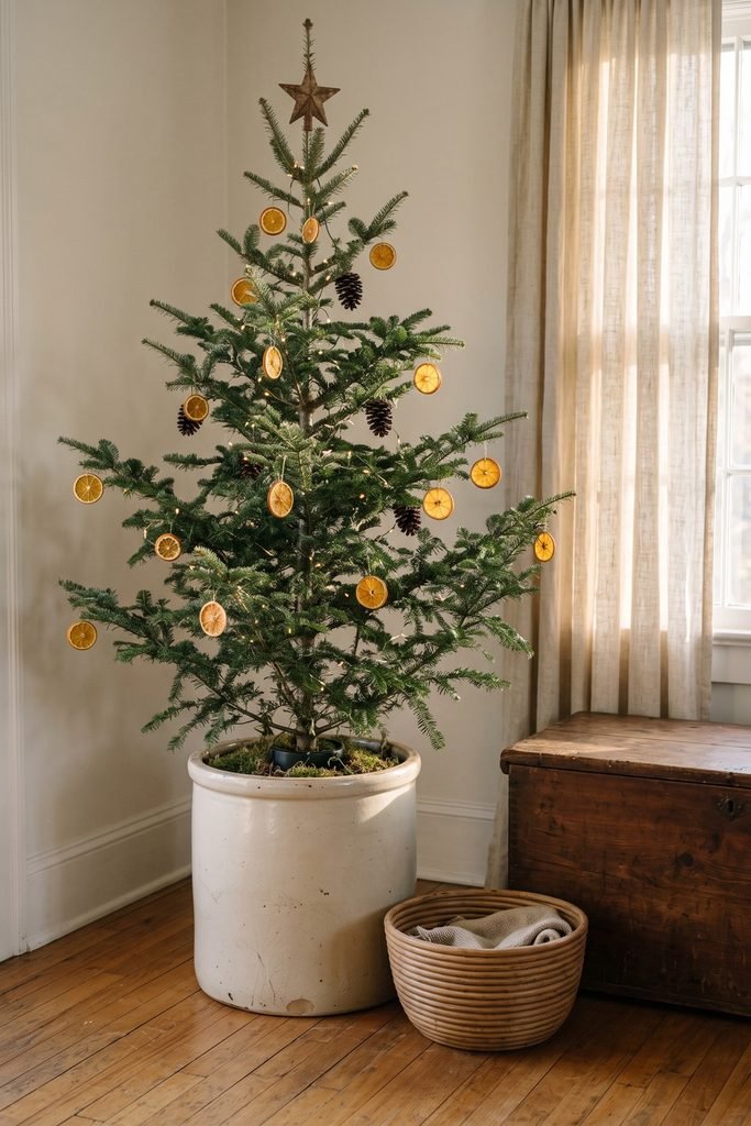 Christmas tree with dried orange slices and a star topper in a cream ceramic crock beside a woven basket.