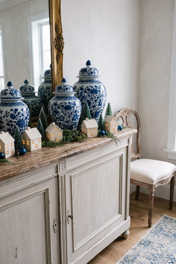 Blue-and-white ginger jars behind lit ivory cottages and miniature trees on a pale sideboard beneath a gilt mirror.