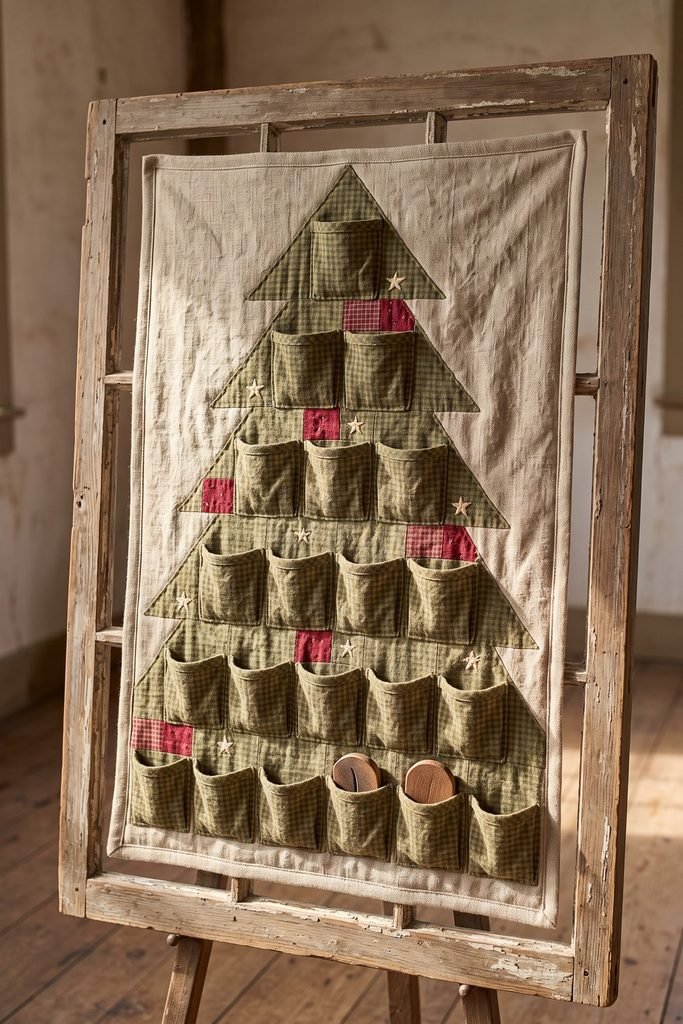 Framed fabric Christmas tree with green plaid pockets, red patches, stitched stars, and wooden tokens, displayed on an easel.