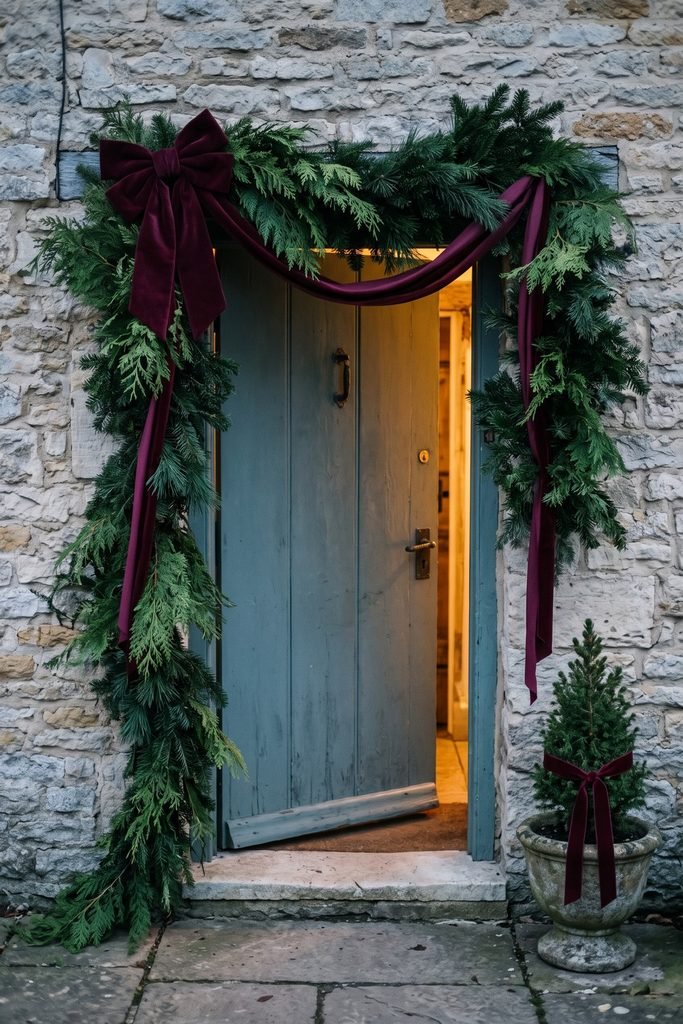 Blue-green cottage door framed by evergreen garland and burgundy fabric, with a matching ribboned potted tree beside the warmly lit entrance.