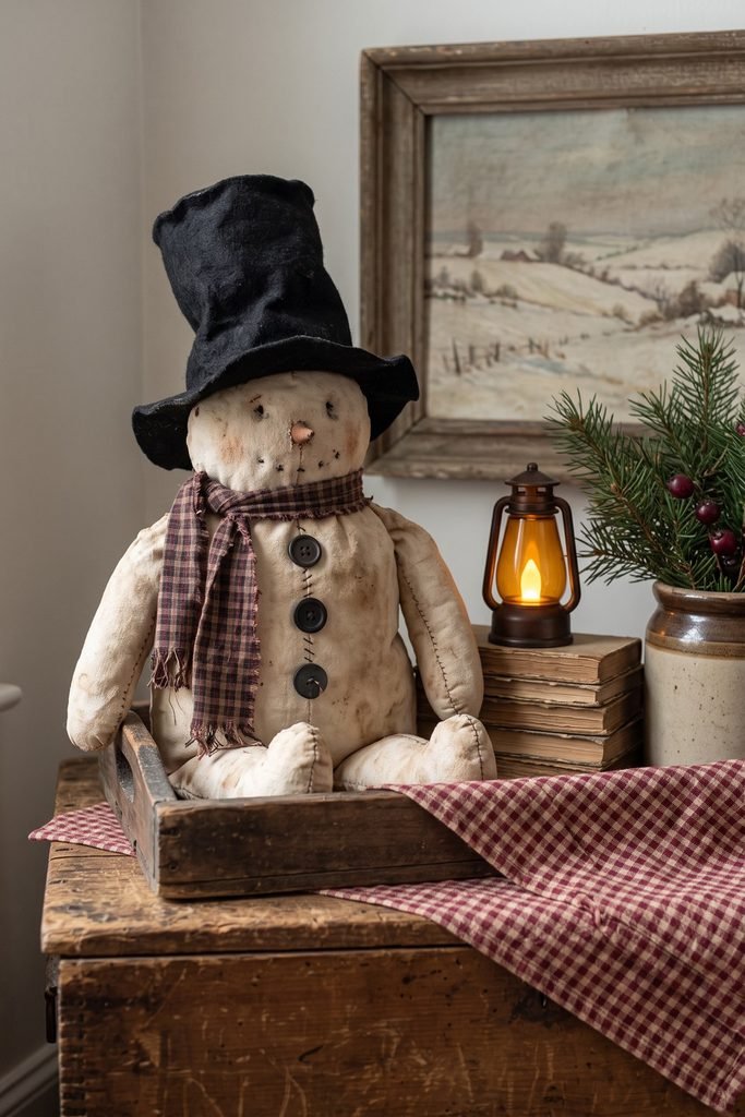 Cloth snowman in a black top hat beside a glowing lantern on stacked books, greenery, and checked fabric on a wooden chest.