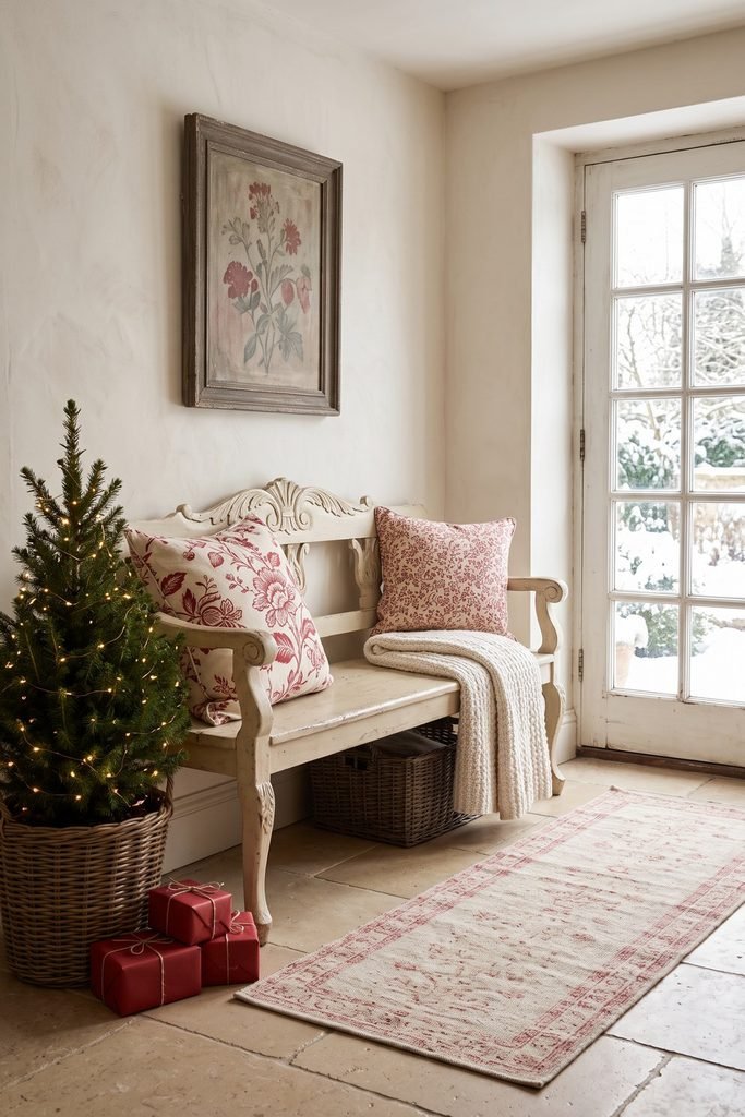 Carved cream entry bench with red botanical cushions and a knit throw beside a basket Christmas tree, red gifts, and a glazed door.
