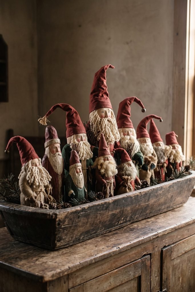 Red-hatted Santa figures with pale yarn beards arranged at different heights in a long, weathered wooden trough.
