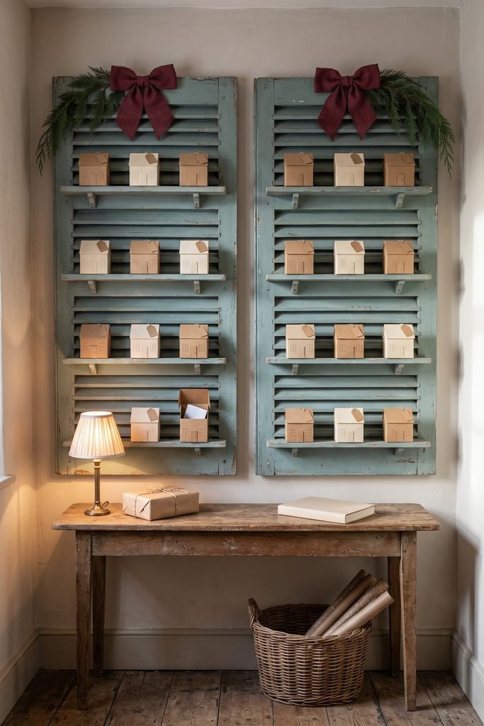 Two blue-green shutter panels display kraft and ivory house boxes above a console, with burgundy bows and one open box.