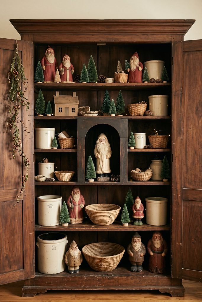 Open wooden cupboard displaying Santa figures, miniature trees, cream crocks, woven baskets, and a small house.