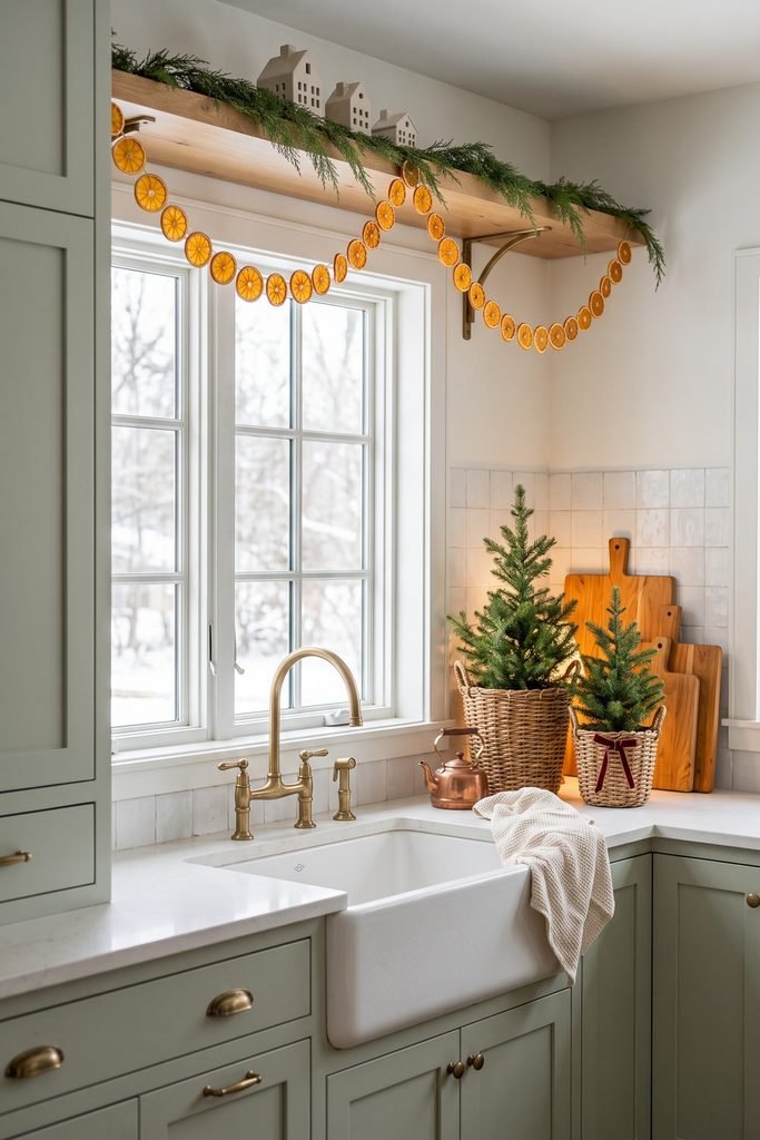 Kitchen sink window framed by evergreen and dried-orange garlands, with two basket trees, wooden cutting boards, brass fixtures, and pale green cabinets.