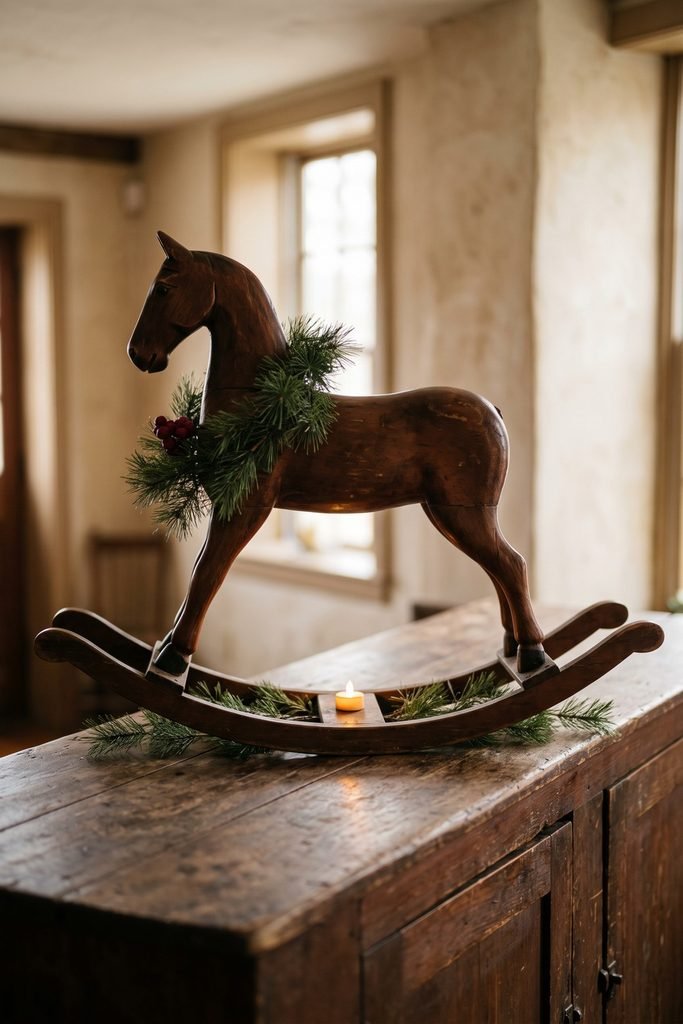 Wooden rocking horse with an evergreen neck wreath and red berries, standing above pine sprigs and a small candle on a sideboard.