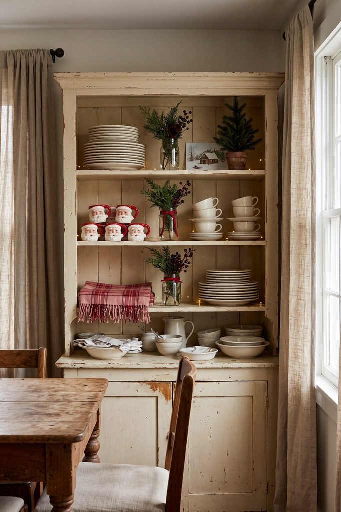 Cream hutch displaying Santa mugs, stacked dishes, red plaid fabric, and glass jars of greenery and berries beside a wooden dining table.