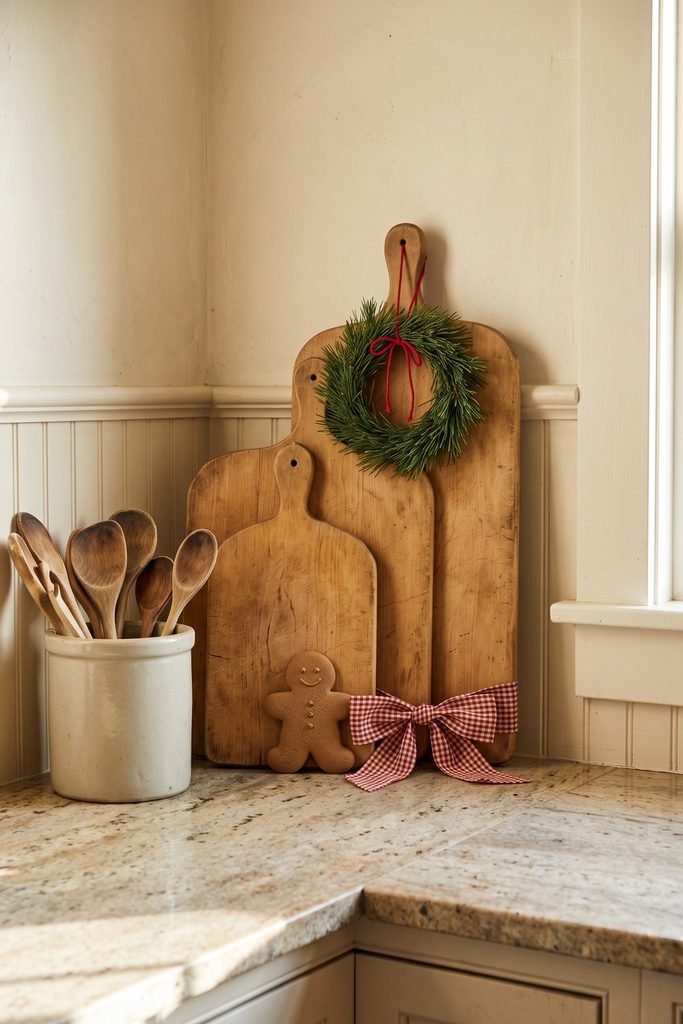 Layered wooden cutting boards with a small wreath, gingerbread figure, red checked bow, and a crock of wooden spoons on a kitchen counter.
