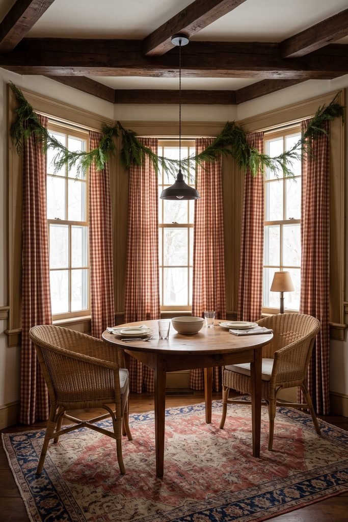 Round breakfast table and wicker chairs in a three-window bay framed by red-and-cream gingham curtains and evergreen swags above a patterned rug.
