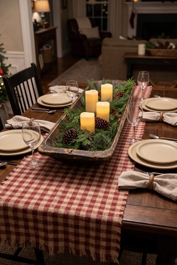 Dining table with cream place settings and a red checked runner beneath a wooden trough filled with greenery, pinecones, and four glowing candles.