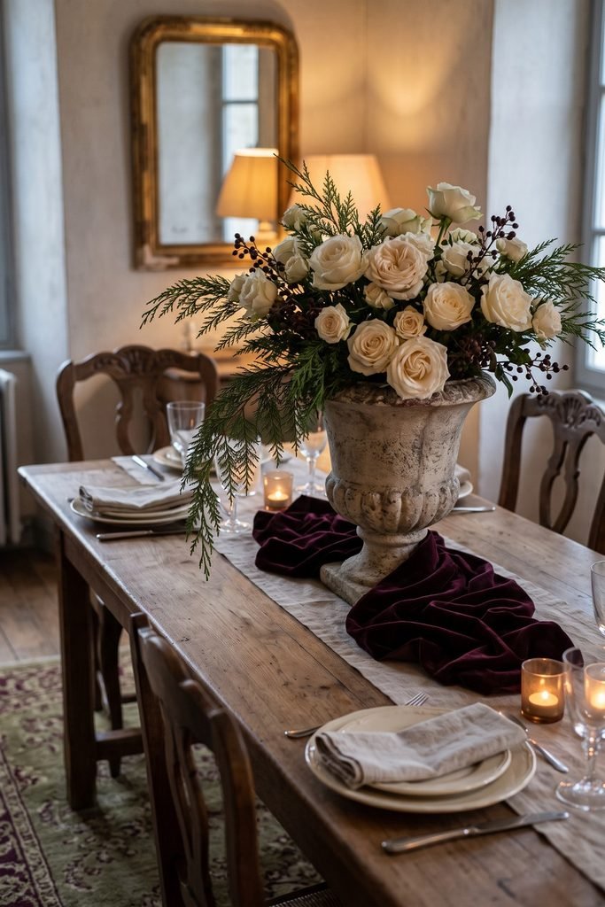 Weathered urn of ivory roses, evergreen, and dark berries on a dining table with burgundy fabric, a linen runner, and cream place settings.