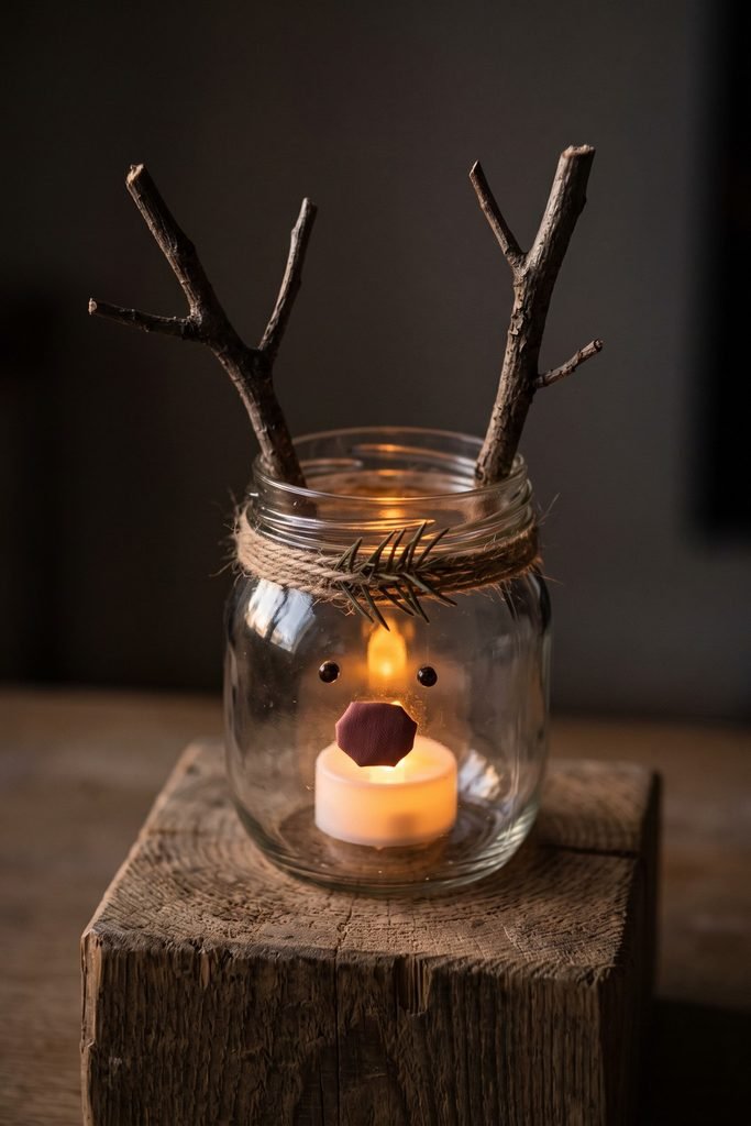 Glowing glass reindeer jar with twig antlers, dark eyes, a red nose, and twine around its neck, resting on a wooden block.