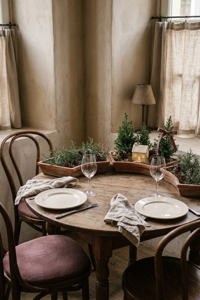 Round table set for two, with three terracotta trays of greenery, miniature trees, and a lit cottage along the far edge.