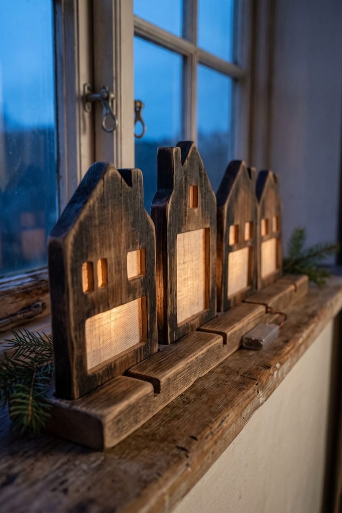 Four wooden house silhouettes with glowing fabric-covered windows arranged in a slotted wooden base on a windowsill at dusk.