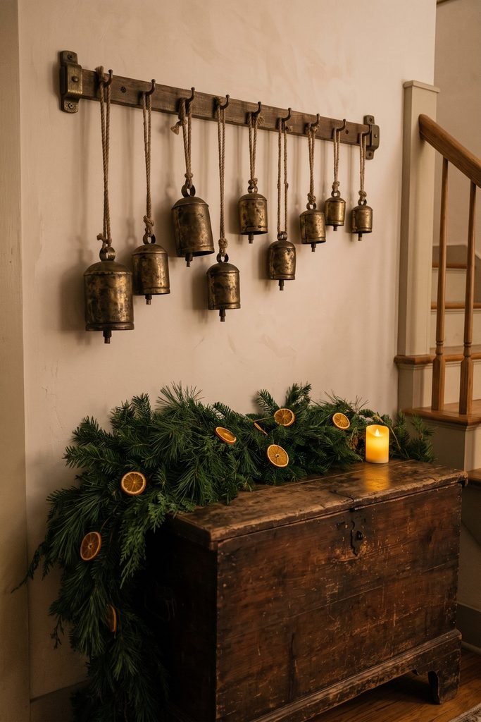 Hanging brass-colored bells above a wooden chest draped with evergreen branches and dried orange slices, with a glowing candle at one end.