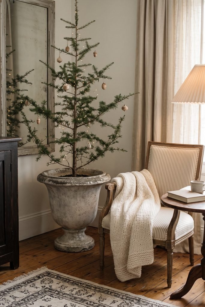 Sparse Christmas tree in a weathered urn beside a striped armchair, cream knit throw, mirror, and small table with a book and cup.