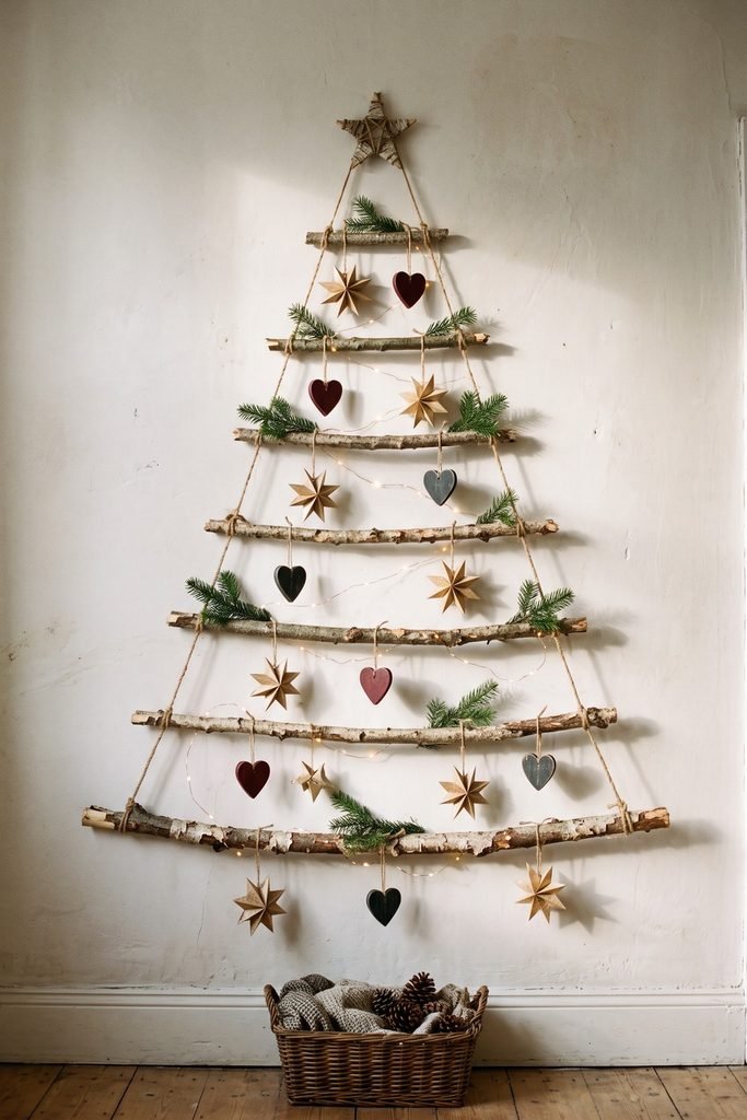 Wall-mounted Christmas tree made from graduated branches, with hanging hearts, paper stars, greenery, and small lights.