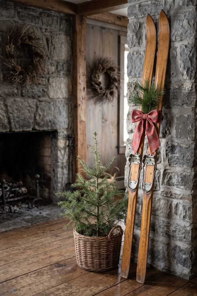 Wooden skis tied with a red plaid bow beside a stone fireplace and a small evergreen tree in a woven basket.