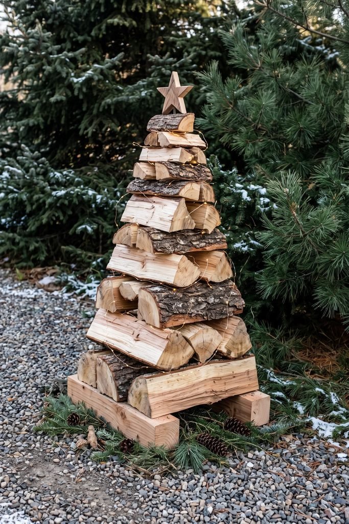 Christmas tree shape built from stacked split logs, topped with a wooden star and supported by a timber base among evergreens.