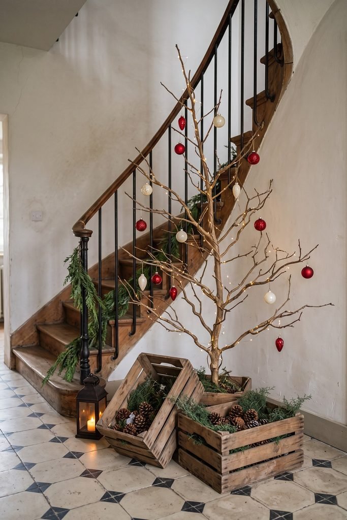Bare-branch Christmas tree with red and ivory ornaments above wooden crates, pinecones, greenery, and a lantern beside a curved staircase.