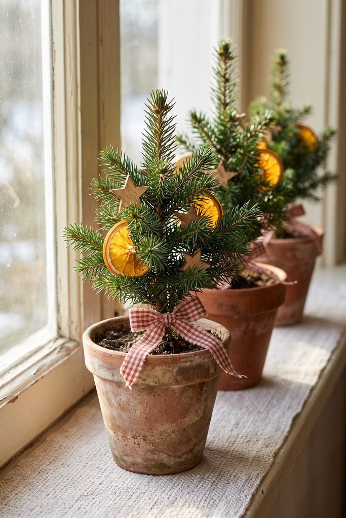 Three small evergreen trees with dried oranges and wooden stars in terracotta pots, tied with red checked bows on a windowsill.