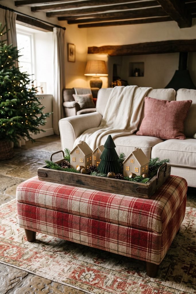Handled wooden tray with three lit ivory houses, a pleated green tree, pinecones, and bells on a red-and-cream plaid ottoman.