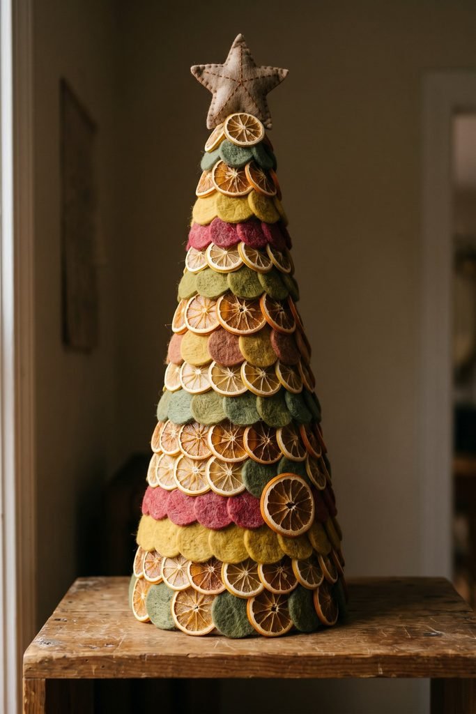 Cone-shaped tabletop tree covered with dried citrus slices and overlapping green, yellow, and red fabric circles, topped with a stitched star.
