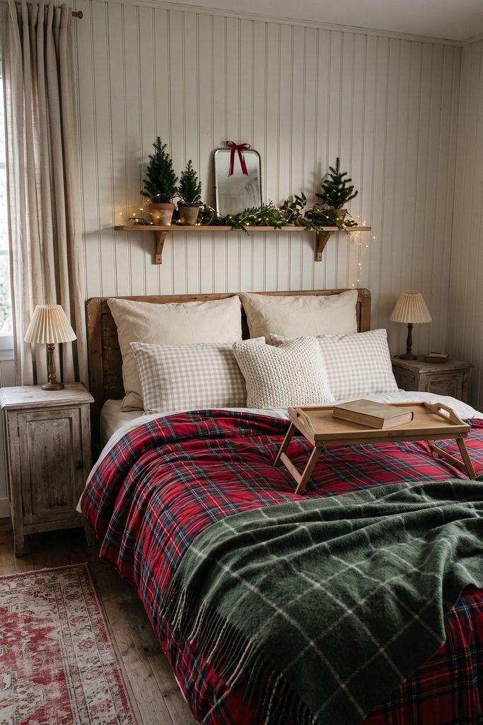Bed with red tartan bedding, cream gingham pillows, and a green throw beneath a shelf of miniature trees, greenery, lights, and a ribboned mirror.