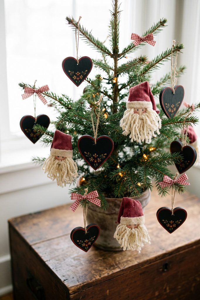 Small Christmas tree with black floral heart ornaments, red-hatted Santa faces with yarn beards, checked bows, and warm lights.