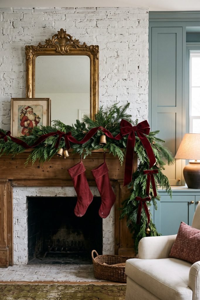 Evergreen garland with burgundy bows, brass bells, and red stockings beneath a gilt mirror and Santa portrait on a wooden mantel.