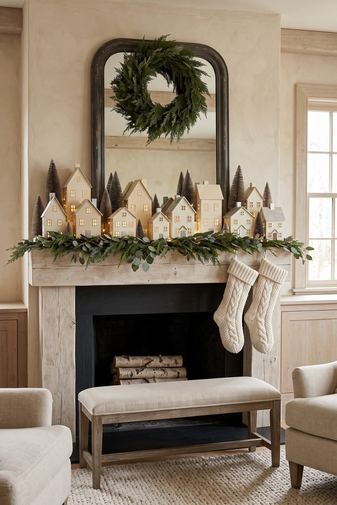 Lit ivory village houses and bottlebrush trees on a mantel beneath a wreath-topped arched mirror, with cream knit stockings and an upholstered bench.